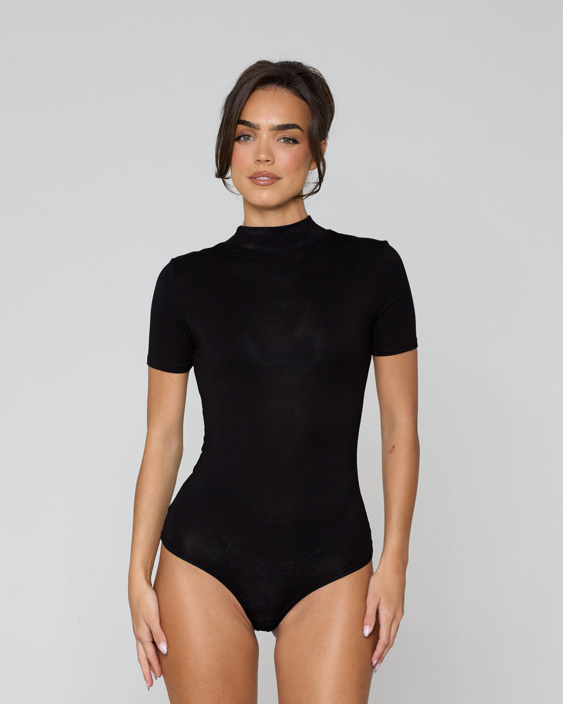 High Neck Short Sleeve Bodysuit / Black