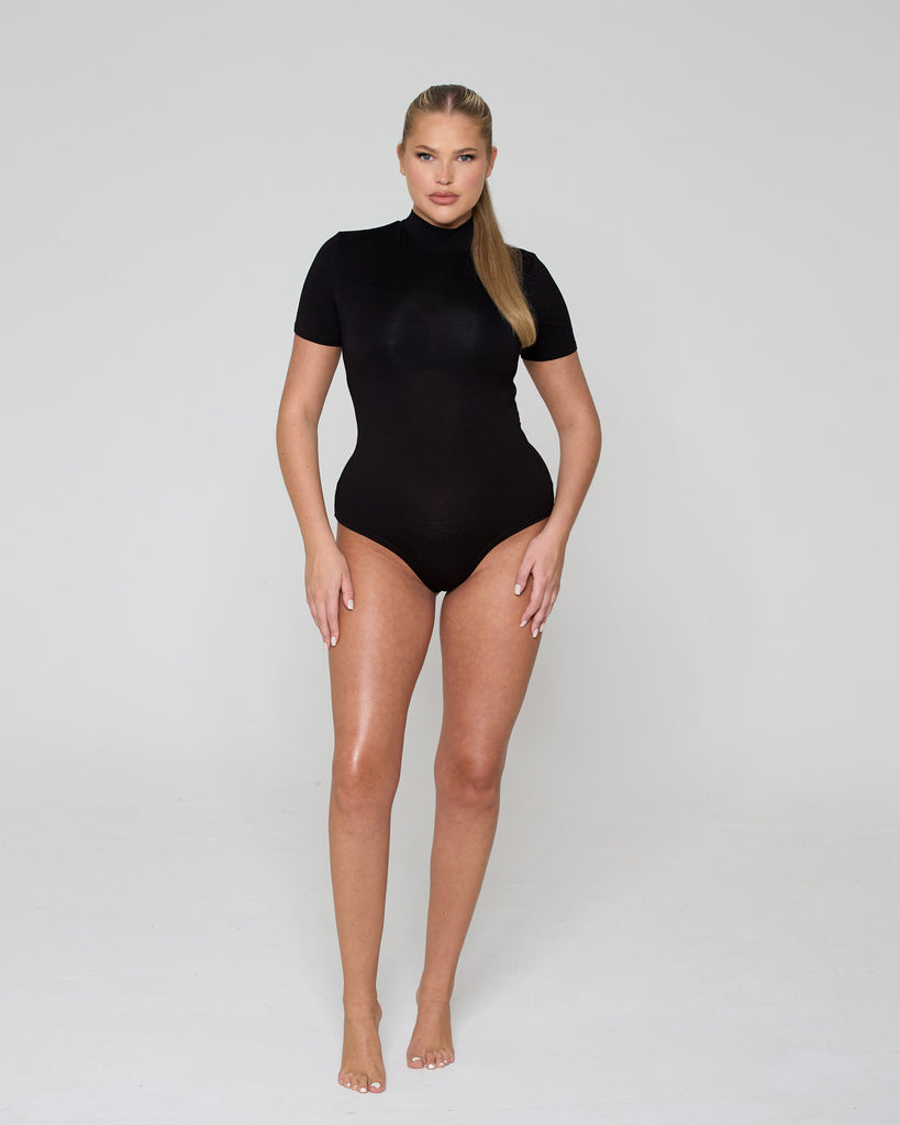 High Neck Short Sleeve Bodysuit / Black