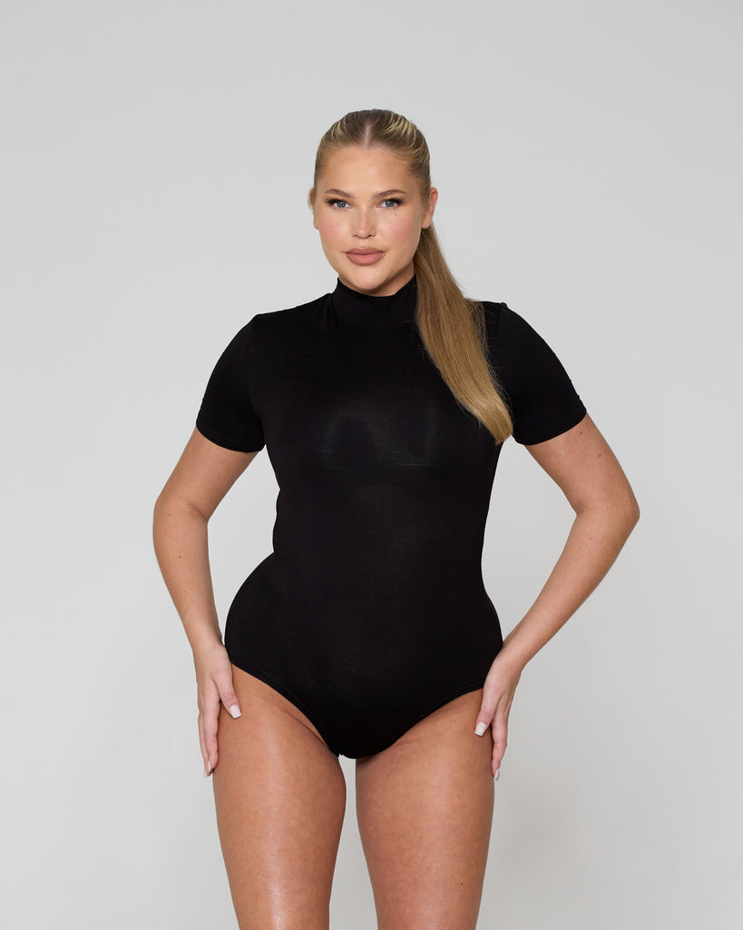 High Neck Short Sleeve Bodysuit / Black