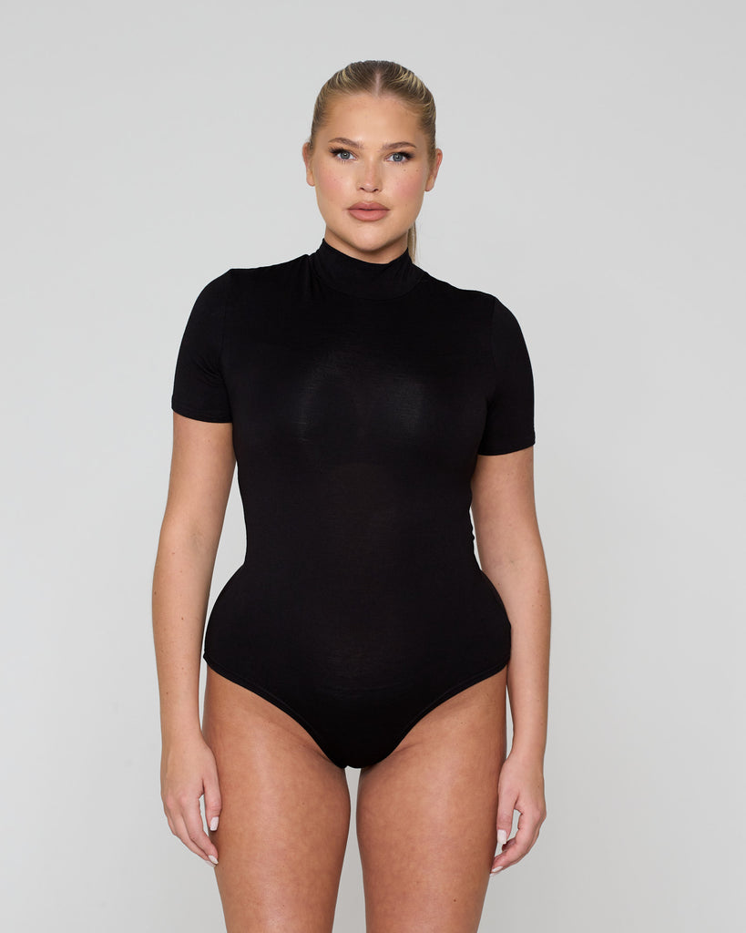 High Neck Short Sleeve Bodysuit / Black