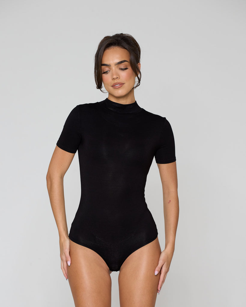 High Neck Short Sleeve Bodysuit / Black