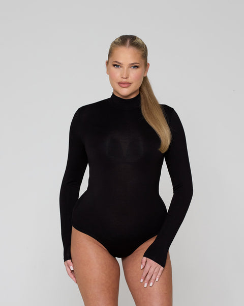 High Neck Long Sleeve Bodysuit Black – Ruched Ready