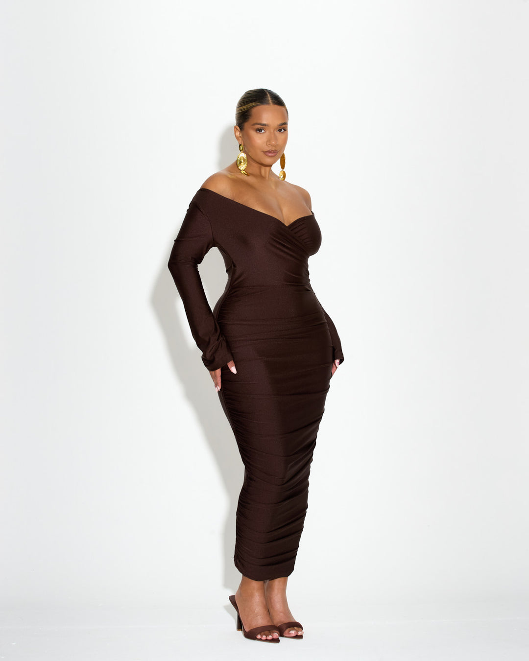 You Wish Maxi Chocolate Ruched & Ready You Wish Maxi Chocolate Ruched & Ready